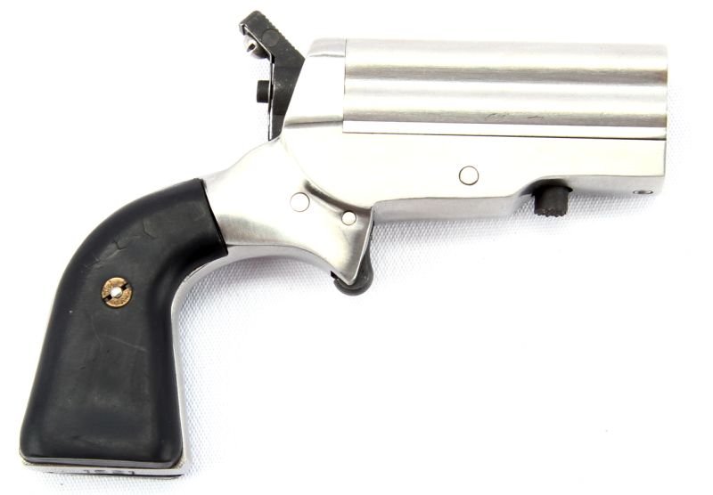 HJS .22 CALIBER QUADRUPLE DERRINGER: HJS Arms quad barrel .22 caliber derringer. 2 inch barrel cluster, with slide breech action. Stainless finish and plastic grips. Bores are excellent, finish and grips 99%. Overall excellent condition.