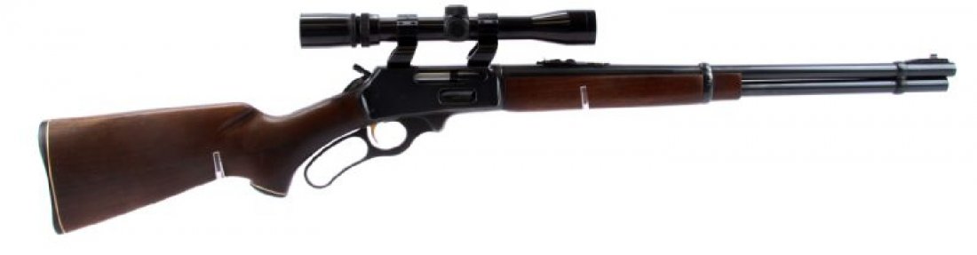 MARLIN 336 LEVER ACTION RIFLE WITH SCOPE: Marlin Model 336 lever action rifle in .30-30. Bushnell Sportview scope, with Kwik Site see through ring mounts, and JM hammer extension spur. Bright clean bore, about 80% bluing, with some edge wear 