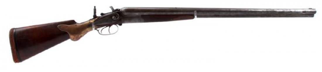 CHARLES DALY DRILLING SHOTGUN RIFLE COMBINATION: Charles Daly drilling side hammer shotgun / rifle combination gun. 28 inch Damascus barrel cluster, with 12 gauge side by side on top, 9.3mm rifle barrel on bottom (exact chambering uncertain), and si