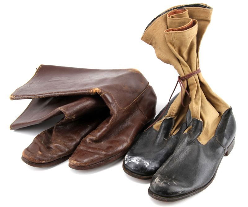 WWI OFFICERS BOOTS & WWII AM MARKED RAF FLYER PAIR: WWI boots are about a size 8, the RAF boots are Air Ministry marked on the inside about a size 10 and are dated 1943, very good on each.