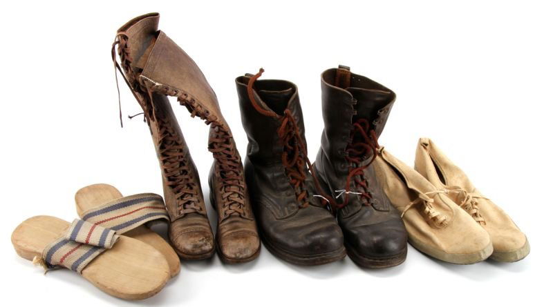 WWI WWII TO POST WAR MILITARY SHOE & BOOT LOT: Collection consisting of WWI nurses small size, post war German Para boots, WWII POW clogs, and WWII U.S. Navy basic training trainers.