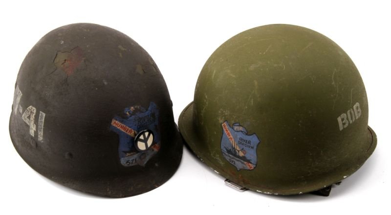 M1 HELMET PAINTED RIVER DIVISION PBR 571 NUMBER 1: Capac liner painted with Navy PBR Unit insignia, numbered 7-41, no chin strap, M-1 helmet also painted with PBR insignia, has a Airborne configuration liner probably a marriage, all pieces externally 