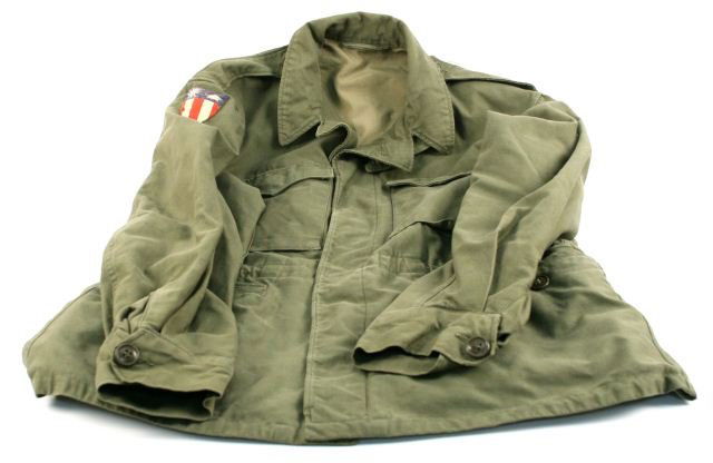 WWII US ARMY AIR CORP CBI AND 2ND ARMY TUNIC: WWII regular Army or Army Air Corp tunic with China Burma India patch. Tunic features a 2nd Army patch on the left shoulder and a CBI on the right. Jacket measures 26 inches long, no size indicated. O