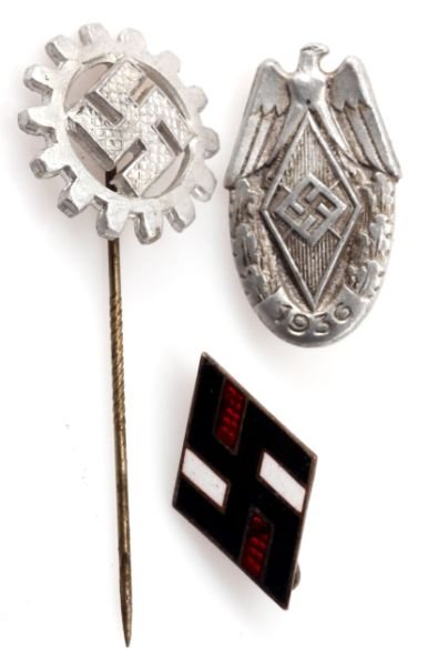 GERMAN NSDAP PINS NSDStB HJ DAF: National Socialist German Students' League (NSDStB) enameled pin RZM M1/15 (Ferdinand Hoffst„tter, Bonn am Rhein); 1936 Hitler Youth Sportfest pin, reverse marked "Hillenbrand u. Bro. Ldenscheid"; D