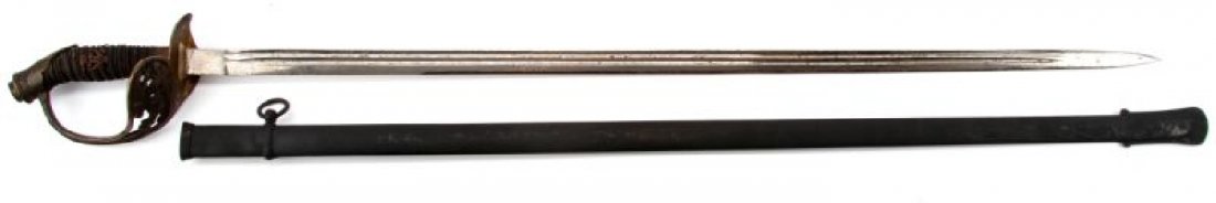 PRUSSIAN MODEL 1889 OFFICERS SWORD: Prussian Model 1889 officer's sword Straight double fullered blade, measuring just over 30 inches. Wire wrapped shagreen grip, with Wilhelm II royal cypher. Brass hilt, with royal cypher on front of h