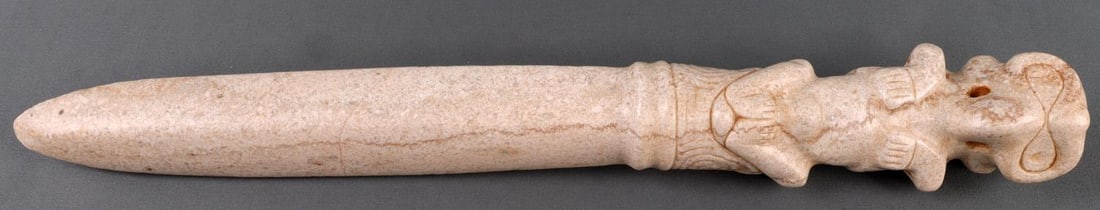 TAINO PRECOLUMBIAN MALE "MIDGET" SCEPTER: Taino PreColumbian. Important scepter with male Midget depicted as a bird man or shaman. Midgets are noted by short arms and compact anatomy in Taino art . See Taino Zemis and Other Heads of State? pg