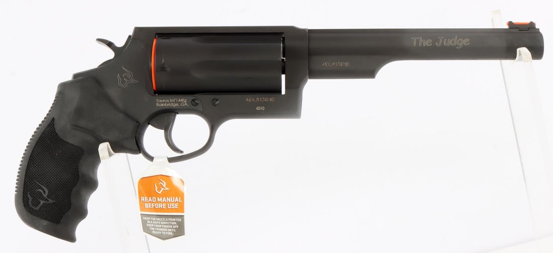 NEW IN BOX TAURUS THE JUDGE 45 COLT/410 GA: 6 3/8-inch barrel. Black finish with rubber grips. Double action. Steel frame. FFL required for transfer. No international shipping. Know your state laws before bidding. Caliber: 45 COLT OR 410 Serial