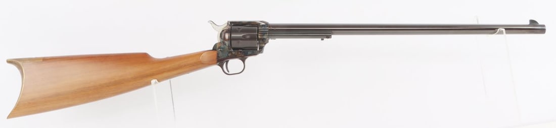 GALEF SAA REVOLVING CARBINE .44 WCF CASE HARDENED: J.L. Galef & Sons-marked 6-shot American Carbine SAA pattern revolver. Equipped with an 18-inch barrel, case hardened frame and walnut straight grip wood stock with brass butt plate. Right frame is st
