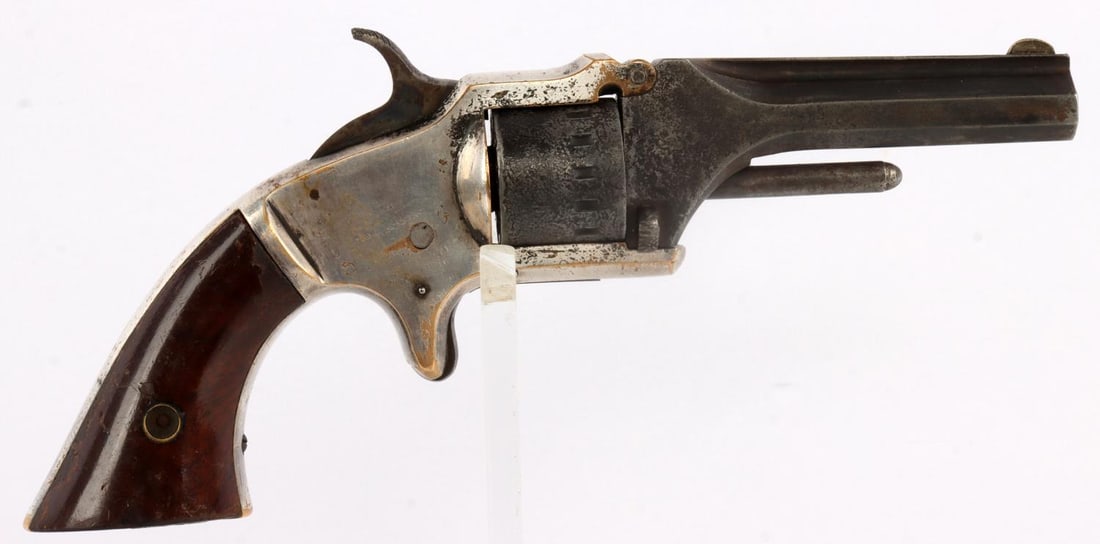 AMERICAN STANDARD TOOL CO S&W MODEL 1 REVOLVER: Antique tip-up barrel 22 Short revolver, a copy of the Smith & Wesson Model 1 made by American Standard Tool Co. Top of barrel is stamped "American Standard Tool Co. Newark, N.J." Barrel and cylinder