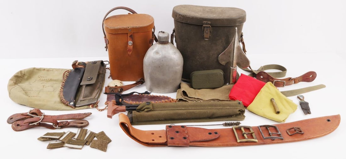 WWII & VIETNAM SURPLUS LOT M16 BIPOD CANTEEN: This lot contains one good condition surplus M16 bipod, with Colt rollmark, original carrying pouch and aftermarket Hoppes 30 caliber cleaning rod that fits in the cleaning rod pouch on the carrying p