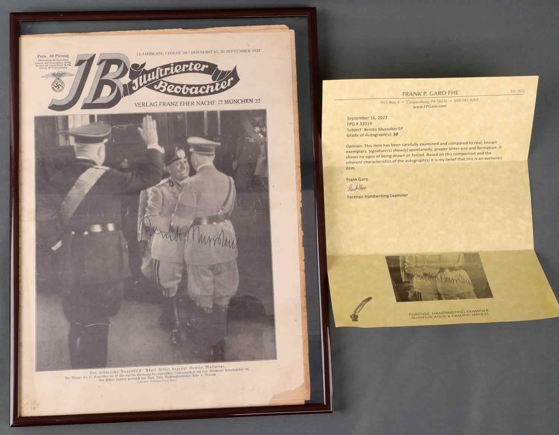 WWII GERMAN MUSSOLINI SIGNED PAPER COA INCLUDED: Newspaper depicting Adolf Hitler and Benito Mussolini meeting, Mussolini facing camera. Newspaper is Juustrierter Beobachter. Newspaper has Benito Mussolini signature. Comes with letter authenticating