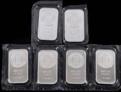 5 .999 FINE SILVER JOHNSON MATTHEY BAR INGOT LOT: All electronically tested, from refiner. This lot has a reserve.