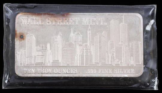 10 OZT .999 FINE SIVER BAR WALL STREET MINT: Electronically tested, purchased from refiner. This lot has a reserve.