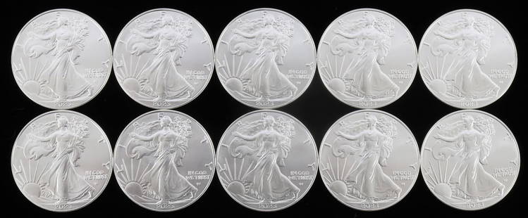 10 AMERICAN SILVER EAGLE 1 OZ SILVER DOLLAR COINS: Electronically tested Silver Eagle coins. Purchased from refinery. This lot has a reserve.