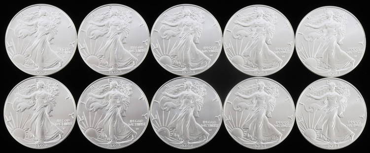 10 AMERICAN SILVER EAGLE 1 OZ SILVER DOLLAR COINS: Electronically tested Silver Eagle coins. Purchased from refinery. This lot has a reserve.