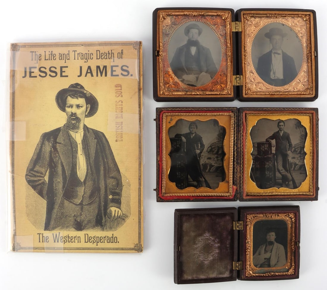 LOT 5 TINYTYPE PHOTOS CASES & JESSE JAMES BOOK: Tintype photograph of a man, in a folding case, case size 3 X 2.75 inches when folded - photograph = 2 X 1.5 inches. Photos of 2 young boys holding the same gun and in the same setting. frame size 3.7