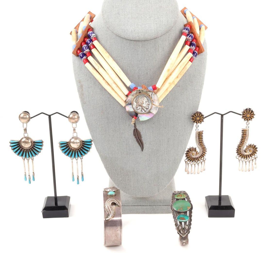 NAVAJO AND ZUNI TURQUOISE JEWELRY LOT OF 5: Lot of five (5) includes: #1 Turquoise and silver cuff. Small turquoise stone and feather design. 7 inches inclusive of break in cuff. Very good condition. #2 Three polished turquoise stones set in si