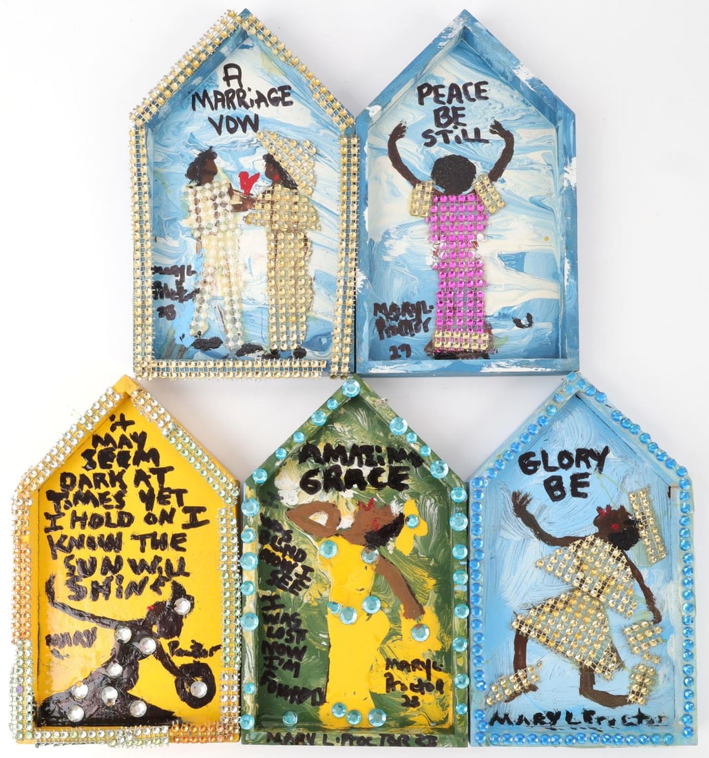 MARY PROCTOR AMERICANA FOLK ART LOT OF 5 ON CANVAS: Lot of five (5) original pieces by "Missionary" Mary L. Proctor (1960- ), American artist, best known for her inspirational paintings, collages, and assemblages. House shaped, on canvas. As per Wikipe