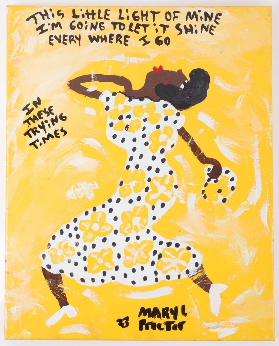 BLACK AMERICANA HARVEST FOLK ART MARY PROCTOR: Original piece on canvas, by "Missionary" Mary L. Proctor (1960- ), American artist best known for her inspirational paintings, collages, and assemblages. As per Wikipedia, museums holding her work in
