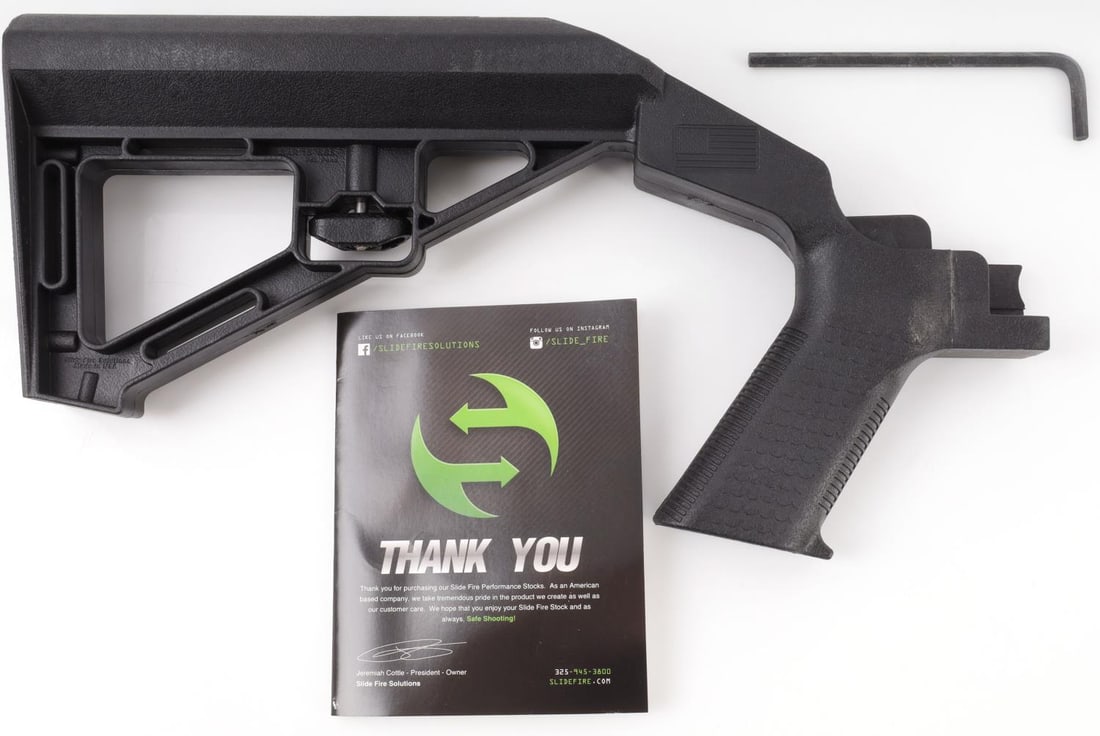 SLIDE FIRE SOLUTIONS SSAR-15 SBS BUMPSTOCK: Slide Fire Solutions Bumpstock. 2017 production. SSAR-15 SBS right-handed model. Comes with instruction manual and hex wrench for adjustment. Like new condition, unused. No international shipping, kno