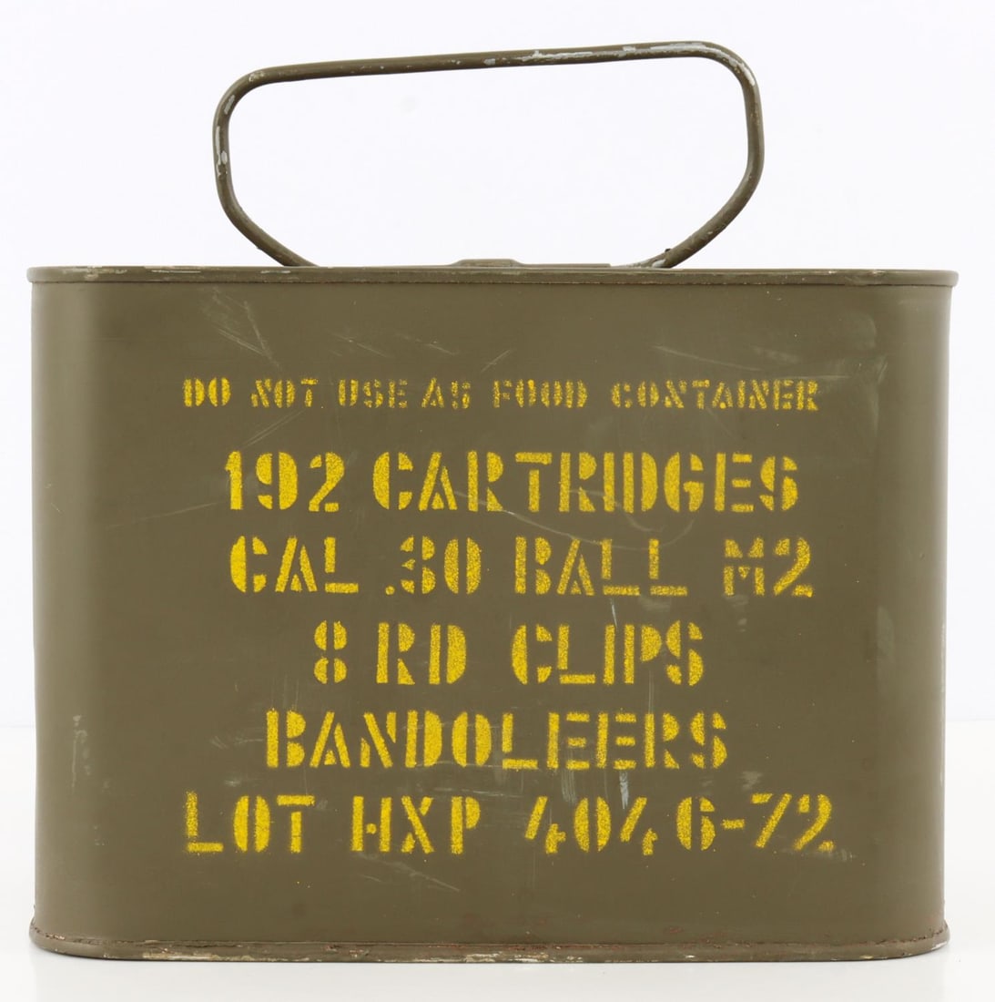 192 ROUNDS OF MILITARY 30 CAL BALL M2 BANDOLEERS: Sealed military can with 192 rounds of .30 cal ball M2 ammunition in 8 round bandoleer clips. Total size of can is 8 X 5.5 X 6 inches.