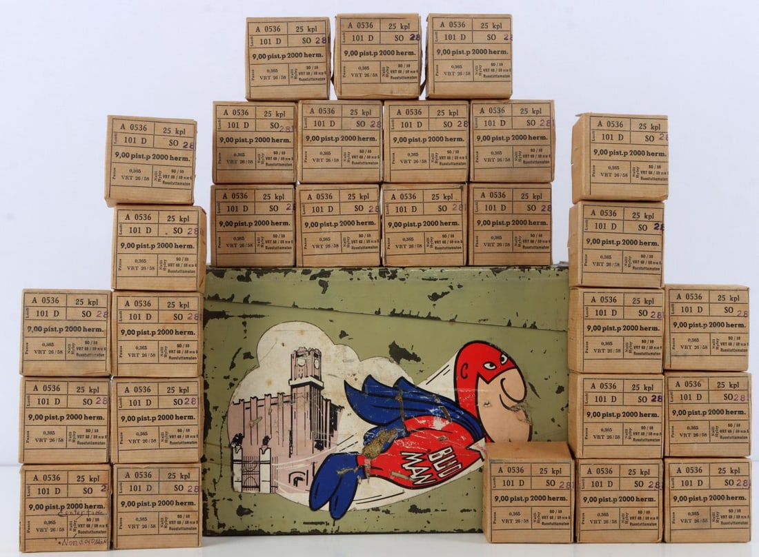 700RDS 9MM LUGER SAKO FINNISH PISTOL AMMUNITION: Twenty-eight (28) boxes of twenty-five (25) rounds each. Cases have red primer sealant and are headstamped "SAKO 5 9 9.19" Finnish military surplus ammunition in original packaging. No international s