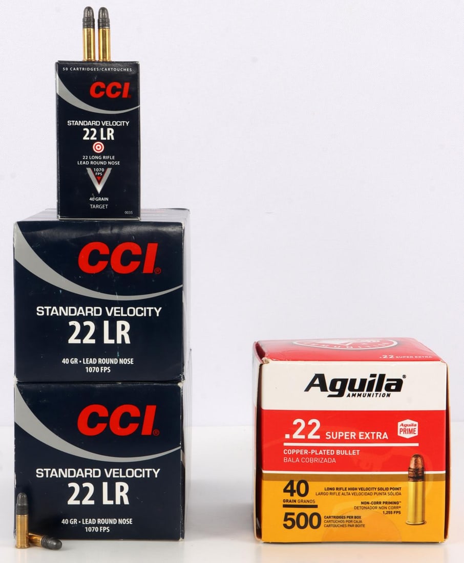 1500 ROUNDS 22LR RIMFIRE AMMUNITION CCI & AGUILA: Lot of 1500 rounds 22LR. Includes two 500rd boxes of CCI Standard Velocity lead round nose 40 gr., and one 500rd box of Aguila Super Extra copper plated 40gr. No international shipping.