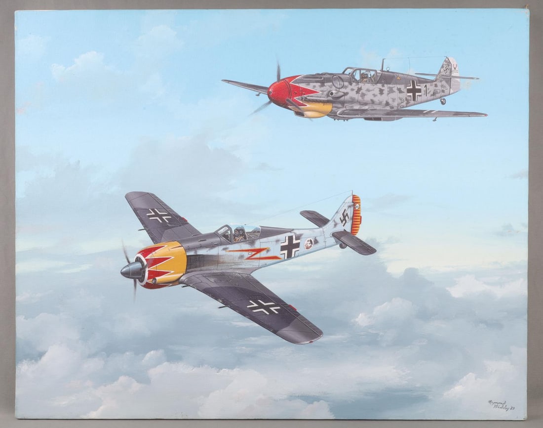 RAY WADDEY OIL PAINTING 2 WWII GERMAN FIGHTERS: Ray Waddey oil on canvas painting of WWII German Focke-Wlf Fw 190 fighter and a Messerschmitt Bf 109 flying above the clouds. Artist signature in lower right corner. Dimension is 30 X 24 inches. Stret
