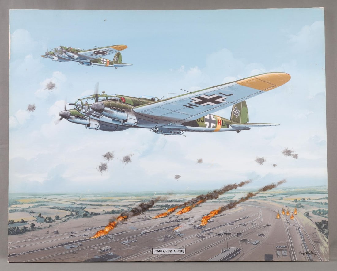 RAY WADDEY OIL PAINTING 2 HEINKEL 111H 6 IN ACTION: Ray Waddey oil on canvas painting depicting two WWII German Heinkel He 111H-6 after dropping their payload on a train depot in Reshev (Rzhev), Russia during 1942 1943 of WWII. Signed by the ariist in 