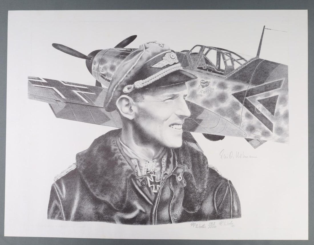 WWII GERMAN ACE ERICH HARTMANN SIGNED PORTRAIT: M. Wooten portrait of WWII German fighter ace Erich Hartmann in front of a Messerschmitt Bf 109 with Karaya-Staffel emblem. Black, gray, and white. Signed by Erich Hartmann, serialized 185 of 1000. 26