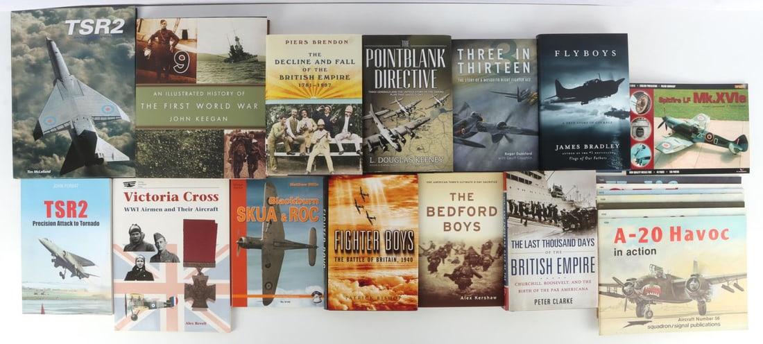 LOT OF 20 BRITISH AVIATION MILITARY HISTORY BOOKS: Lot of TWENTY (20) British Aviation & Military History and Hobby Books. Very good condition. #1. Flyboys-A True Story of Courage, James Bradley. #2. Fighter Boys-The Battle of Britain 1940, Patrick Bi