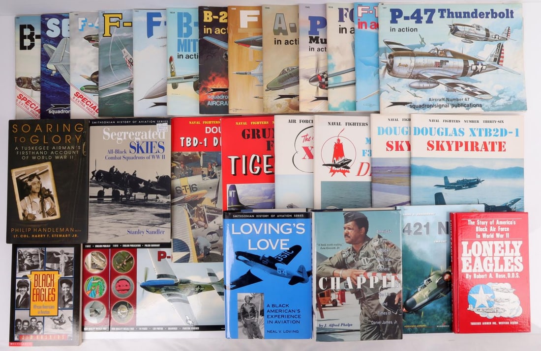 LOT OF 28 BLACK AVIATIOR BOOKS & PLANE MANUALS: Lot of TWENTY-EIGHT (28) books about black aviators and plane manuals. Some manuals are designed for model hobbyists, but still rely and relate accurate technical information. #1 Loving's Love by Neal