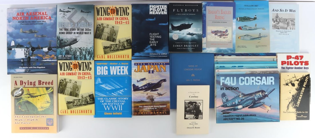 LOT OF 25 WWII US AVIATION MILITARY HISTORY BOOKS: Lot of TWENTY-FIVE (25) US WWII Military Aviation History and Aviation Books. Very good condition. #1. A Dying Breed-The Courage of the Mighty Eighth Air Force, Neal B. Dillon, signed postage. #2. Hel