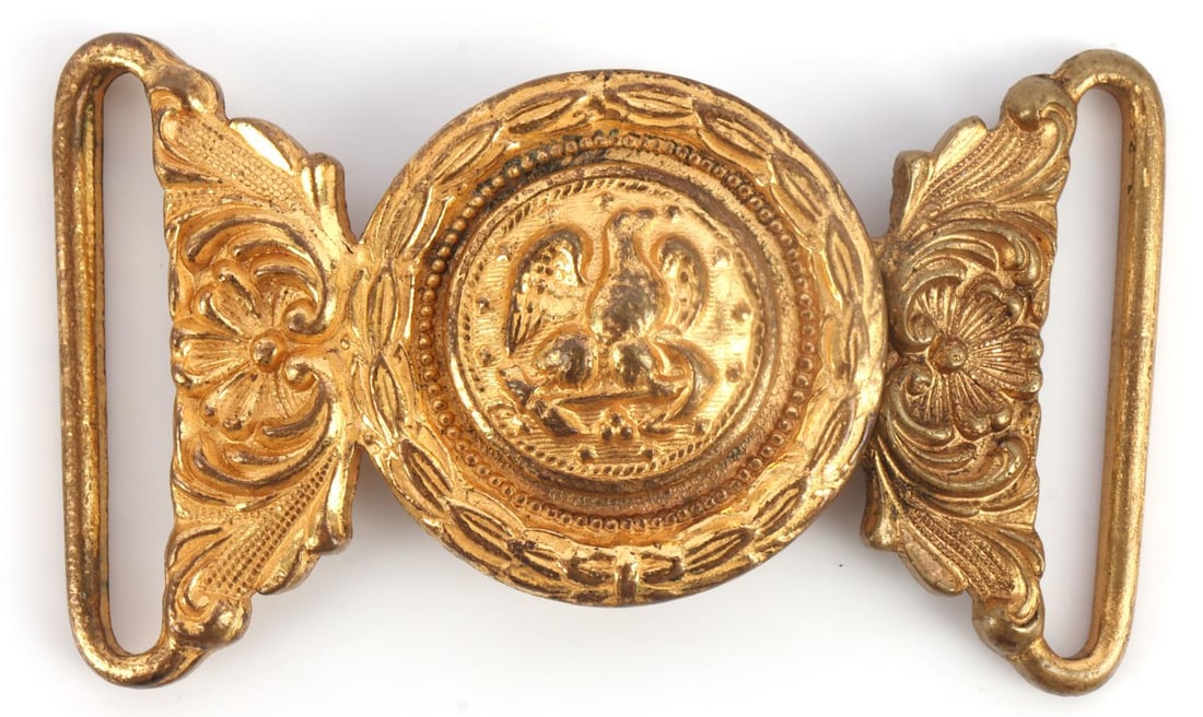 CIVIL WAR UNION SILAS STRINGHAM BELT BUCKLE: Civil War Union naval officer belt buckle. Two (2) interlocking pieces. Center of buckle displays federal eagle. Brass. Back has inscription: "From Your Loving Wife Henrietta Silas Horton Stringham Ad