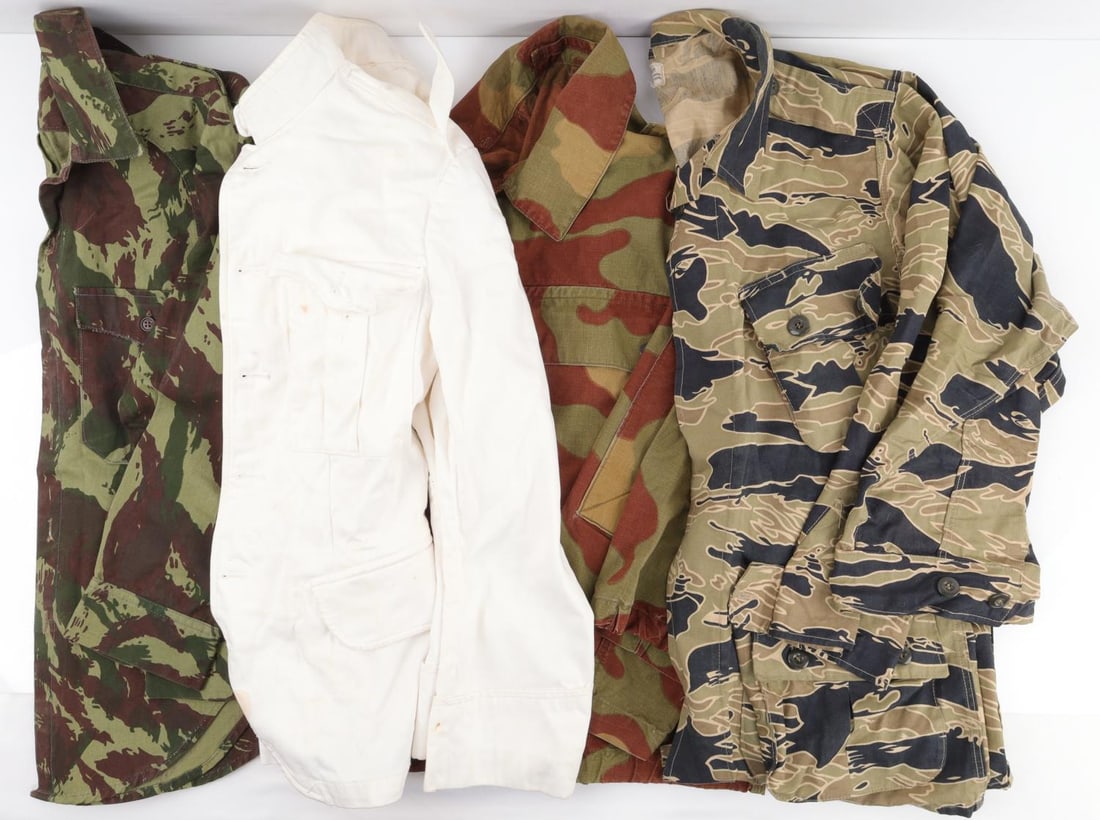 LOT OF 4 MILITARY CAMO JACKETS VIETNAM ERA: No3 dress doublet old pattern vintage Scottish lowland regiments size No 13. Italian San Marco camo coat size medium. Portuguese military camo jacket size medium. US Vietnam 1st pattern TCU tiger stri