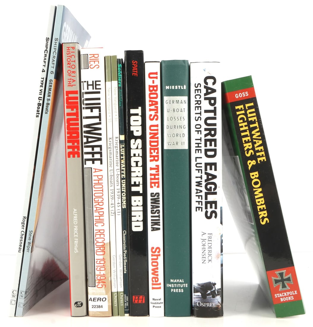 12 WWII GERMAN REFERENCE BOOK LOT LUFTWAFFE U-BOAT: Lot of twelve (12) WWII German reference books includes: 'The Luftwaffe: A Photographic Record 1919-1945', 'Pictorial History of the Luftwaffe', 'Captured Eagles: Secrets of the Luftwaffe', 'U-Boats U