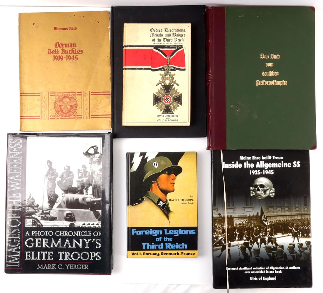 WWII GERMAN THIRD REICH LOT OF 7 REFERENCE BOOKS: Lot of seven (7) books related to the German Third Reich and the Second World War. #1 Foreign Legions of the Third Reich Vol I. by David Littlejohn #2 German Belt Buckles 1919-1945 by Thomas Reid #3 W