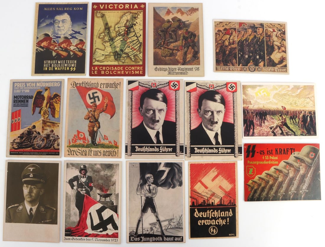 WWII GERMAN THIRD REICH POSTCARDS LOT OF 14: Lot of fourteen (14). All postcards are 4 X 6.25 or smaller. #1 Youth waving an SS flag. #2 Swastika in white and red over SS symbol and "Deutschland Erwache!" (Germany Awakens!) #3 Hitler as SS offic