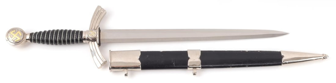 POST-WWII THIRD REICH LUFTWAFFE MODEL 1 DAGGER: Quality post-war construction. Measures 19 1/4 inches. Very good condition. Blade is unmarred. Scabbard finish is scratched.