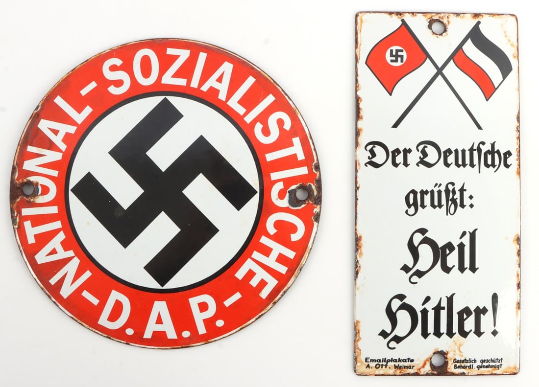 WWII GERMAN THIRD REICH LOT OF 2 PROPAGANDA SIGNS: Lot of two (2). #1 Iron sign showing crossed German Third Reich and German Second Reich flags, with text that reads "Der Deutsche grust: Heil Hitler!" ("The German Greeting: Heil Hitler!" 3 X 7 inches