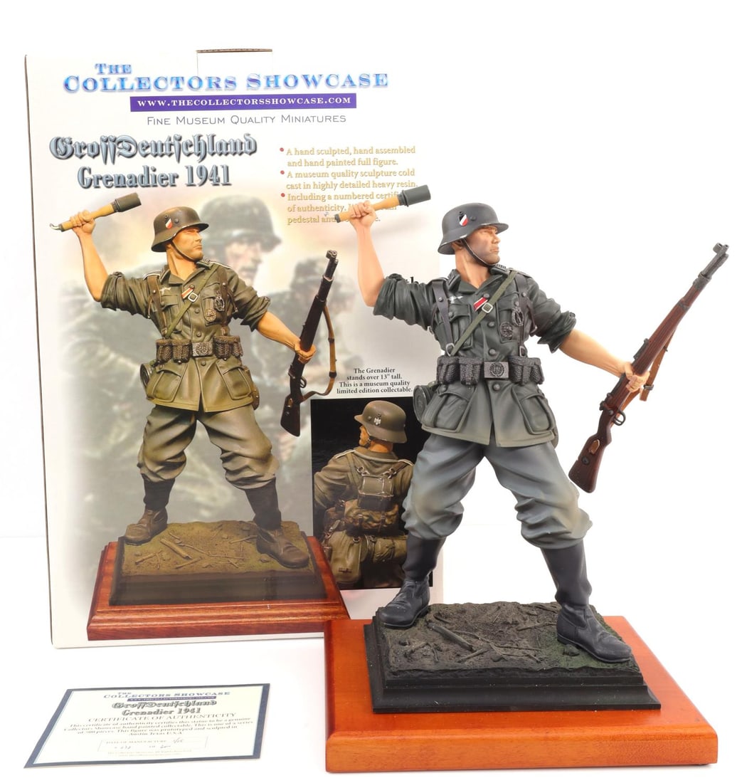 WWII GERMAN THIRD REICH GRENADIER 1941 MODEL: Collector's Showcase model CS00280 Grossdeutschland Grenadier 1941. The model is of a Wehrmacht soldier holding a rifle and a potato masher grenade. In original box, which is 11 X 16 X 8. Very good co