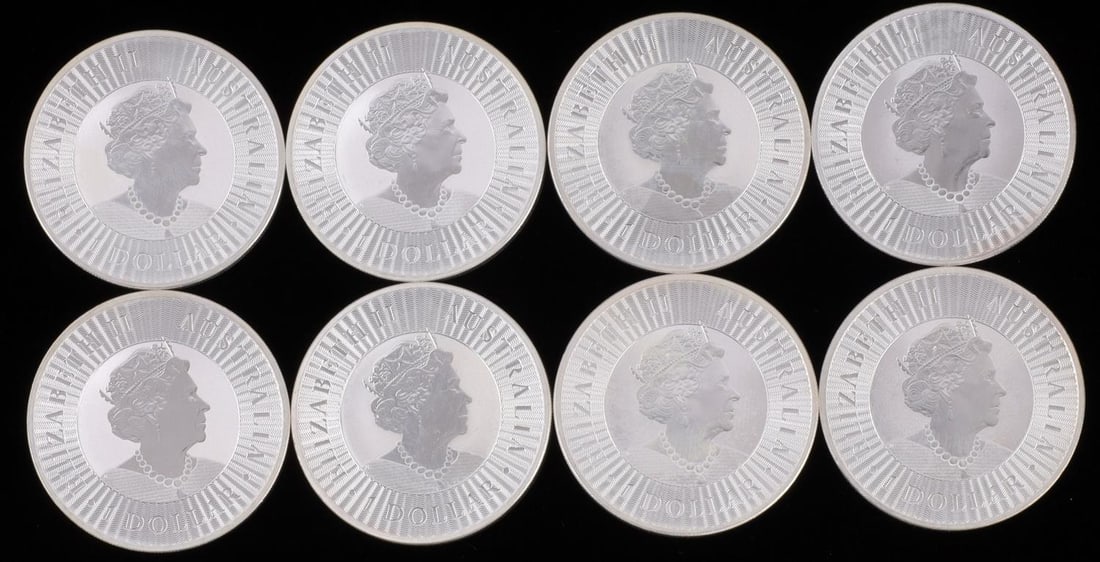LOT OF 8 AUSTRALIA SILVER KANGAROO BU COINS: Lot of eight (8). All brilliant uncirculated, 2022. This lot has a reserve.