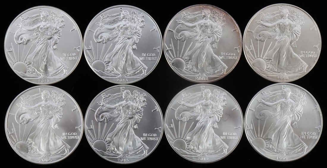 8 1 OZT SILVER AMERICAN EAGLE BU COIN LOT: All brilliant uncirculated. Dates include 1995 1998 2012 2005 2012 2013 This lot has a reserve.