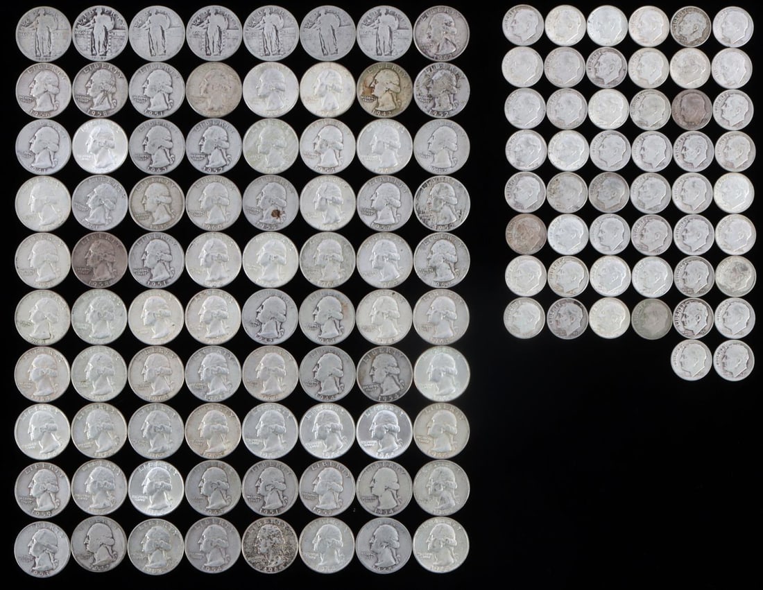 $25 FACE VALUE 90% SILVER U.S. COIN LOT: From circulation, Washington Quarters and Roosevelt dimes. This lot has a reserve.