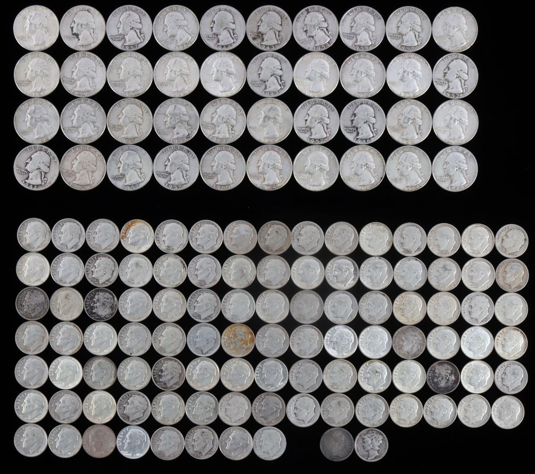 $20 FACE VALUE 90% SILVER US COIN LOT QUARTER DIME: All from circulation, Roosevelt and Washington quarters. This lot has a reserve.