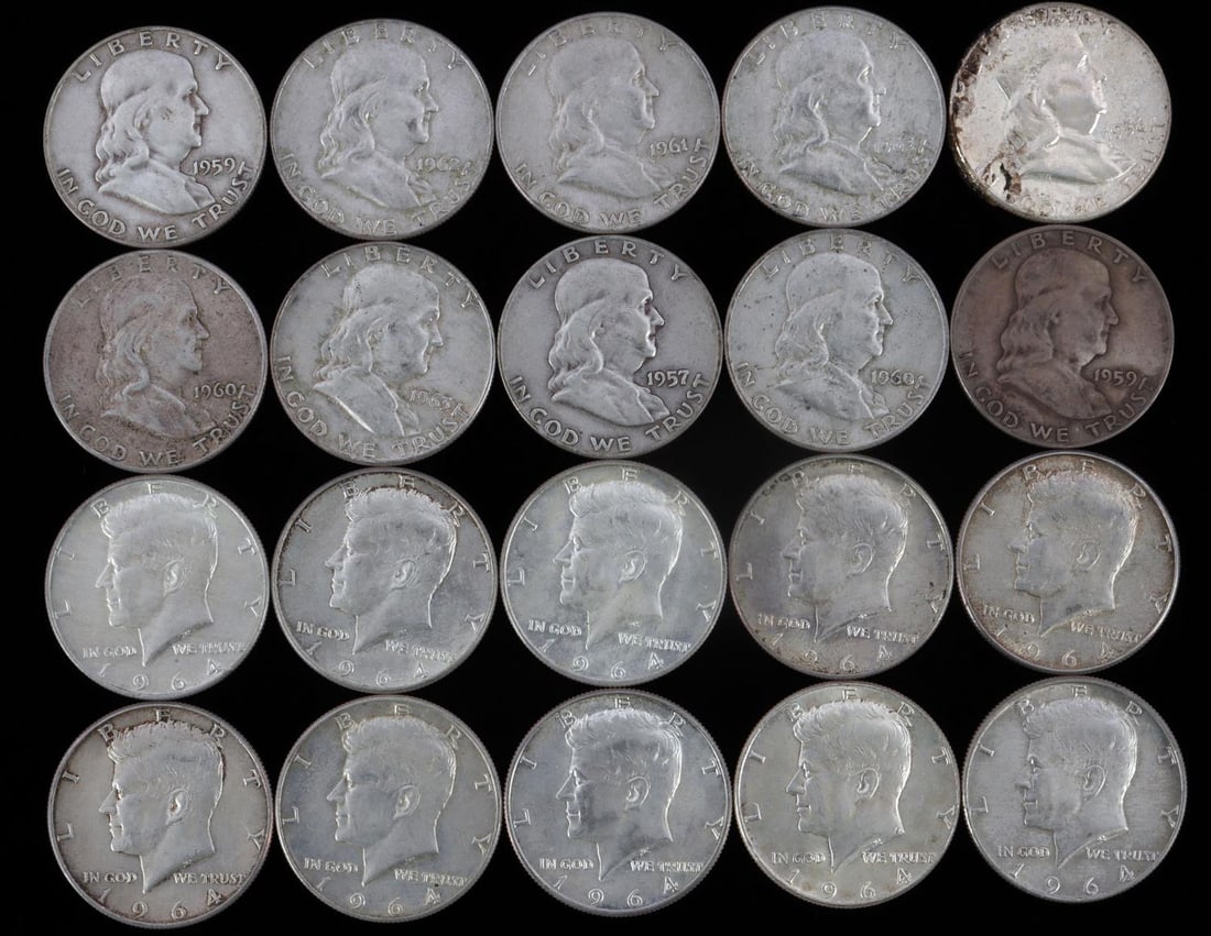 $10 FACE VALUE 90% SILVER FRANKLIN KENNEDY HALF: All half dollars, from circulation. This lot has a reserve.