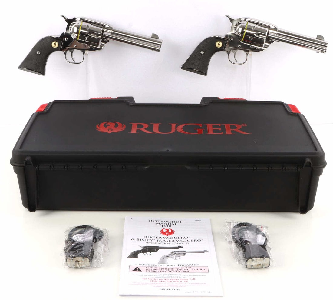 RUGER SASS NEW VAQUERO 357 MAG REVOLVER SET OF 2: Lot of two (2) new in box Ruger Single Action Shooting Society edition New Vaquero revolvers with high gloss stainless finish. SKU: 05133. Consecutive serial numbers. FFL required for transfer. No int
