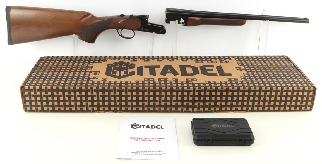 CITADEL BOSS SS COACH 410 GA SIDE BY SIDE NIB: New in box. Citadel Boss SS .410 gauge side by side shotgun. Feature, stock and forend are crafted from Turkish walnut and checkered, single trigger, set of five (5) chokes, 18.5-inch barrel. FFL requ