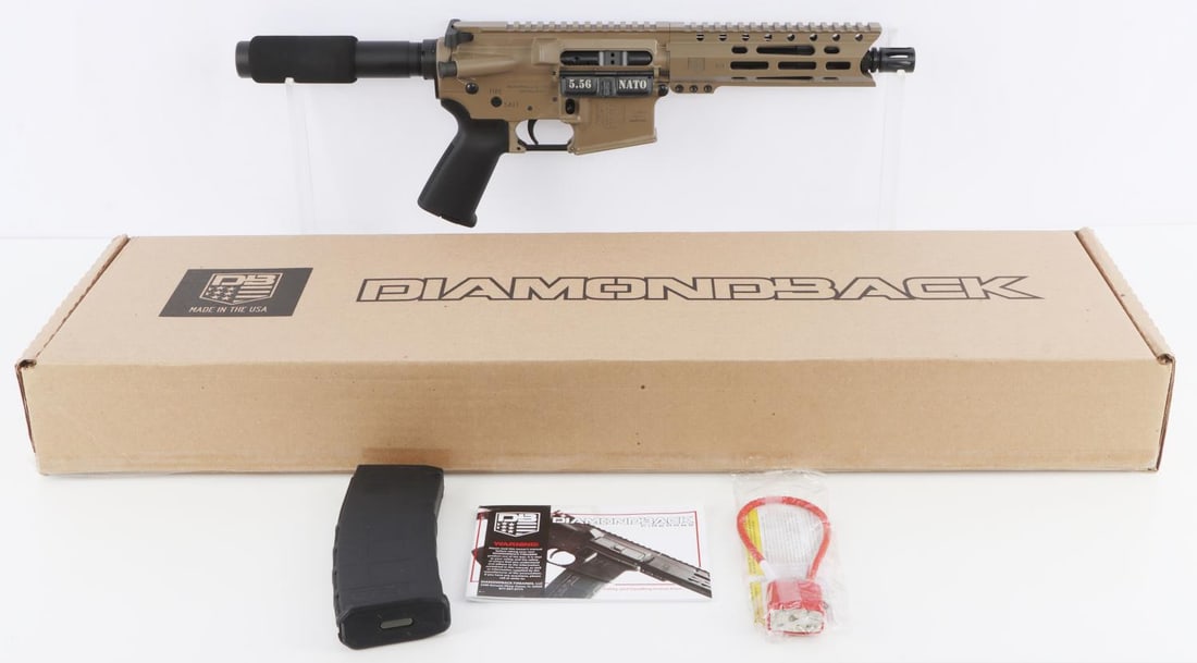 DIAMONDBACK ARMS DB15 5.56 NATO SEMI AUTO RIFLE: New in box. 7-inch barrel with 6-inch PC M-LOK rail. Total length: 22.5 inches. Flat dark earth finish. One (1) 30-round magazine. Gunlock and owner's manual included. No international shipping. Requi