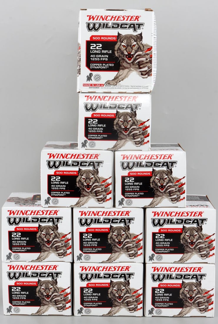5000 RDS WINCHESTER WILDCAT 22 LR 40 GR NIB: NIB. 10 boxes (500 rounds each) for 5000 rounds total. Winchester Wildcat 22 Long Rifle Ammo. 40 Grain, 1255 Feet per Second. Copper Plated Dynapoint, Rimfire. No international shipping. This lot has 